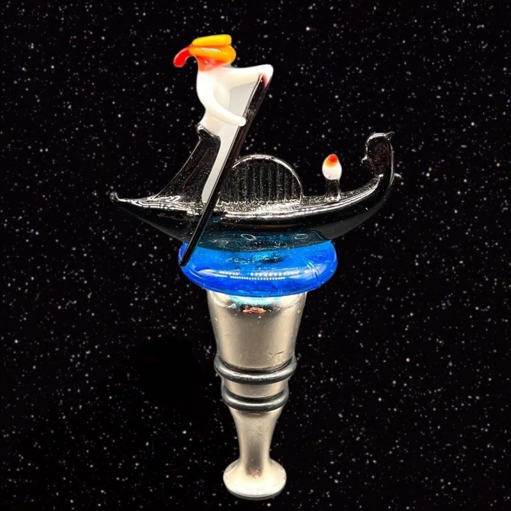 Vintage Art Glass Bottle Stopper Sail Man Sailing Figurine W Metal Bottom 4”L